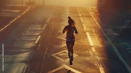 Best-seller  A female runner in full stride against the morning light  running on a dotted road line  exuding energy and vitality