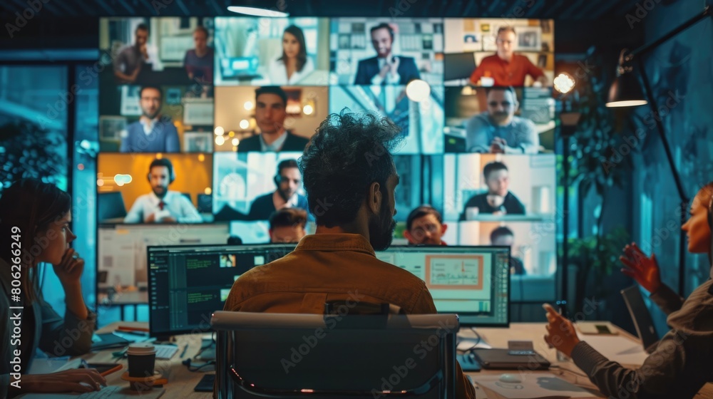 Dynamic visuals of virtual meetings: diverse teams brainstorming, sharing ideas, bridging distances through collaborative screens. Connectivity in action. Dynamic visuals of virtual meetings: diverse teams brainstorming, sharing ideas, bridging distances through collaborative screens. Connectivity in action.