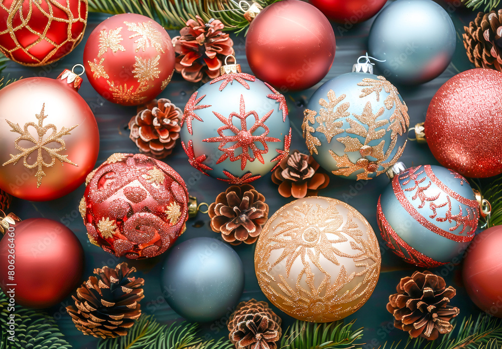 Elegant Christmas Ornaments and Pine Cones Decoration.
