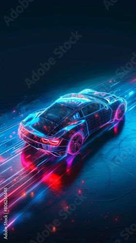 Holographic car design concept on dark background