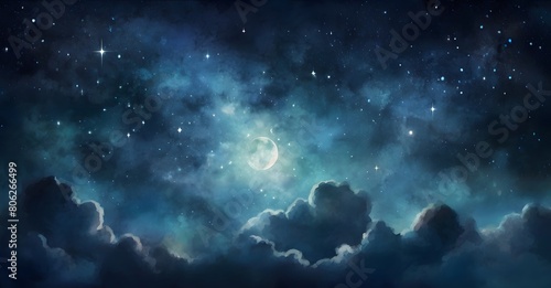 starry night sky background, glittering stars, nebula, moon, galaxy outer space wallpaper © KF