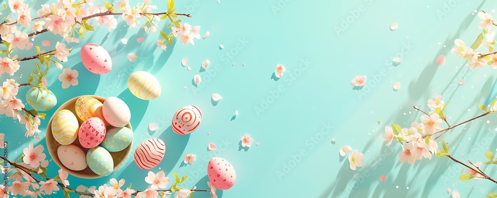 Beautiful flowers with Easter eggs on bright blue background,Copy space. Space for text,Generative AI.明るい青色の背景にイースターエッグと美しい花,コピースペース。テキスト用スペース,Generative AI。 Beautiful flowers with Easter eggs on bright blue background,Copy space. Space for text,Generative AI.明るい青色の背景にイースターエッグと美しい花,コピースペース。テキスト用スペース,Generative AI。