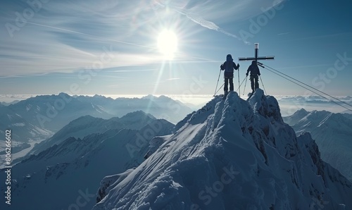 Two backcountry skiers hanging from the cross at the top of a peak. Achenkirch, Tirol, Austria photo