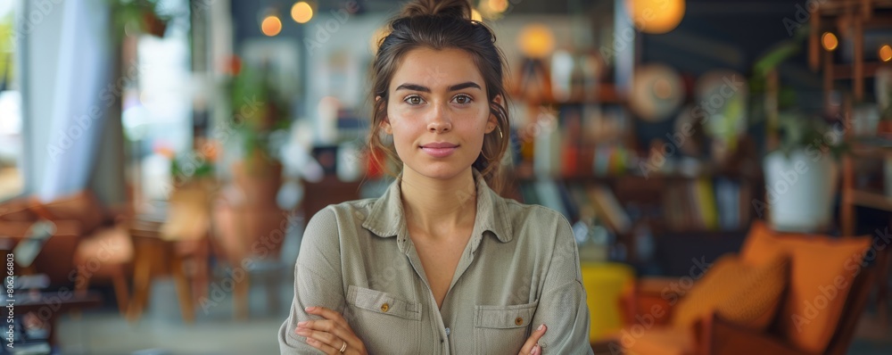 Portrait of woman small business owner in furniture store. Generative AI. Portrait of woman small business owner in furniture store. Generative AI.