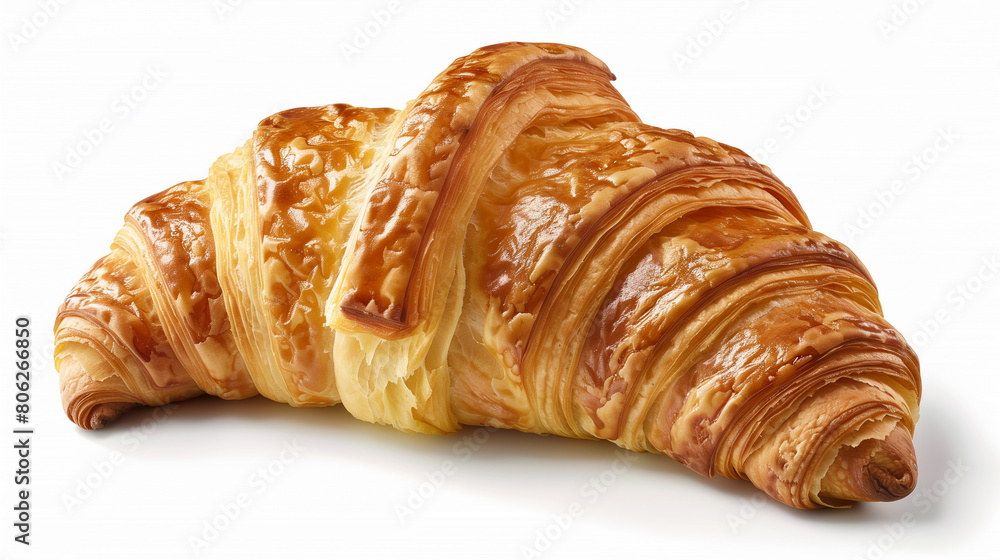 Fresh, high-quality single croissant with a plump and flaky texture, displayed on a white background