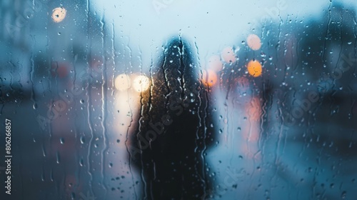Shadowy silhouette of a person against a vibrant cityscape during a rainy evening, symbolizing urban isolation.