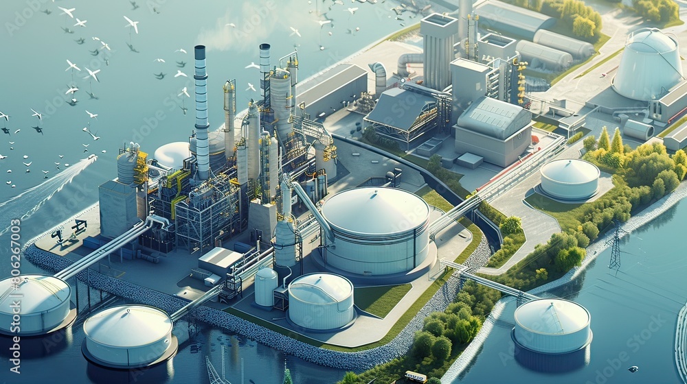 Highly detailed illustration of a modern industrial chemical processing plant, featuring storage tanks, pipelines, and control buildings.