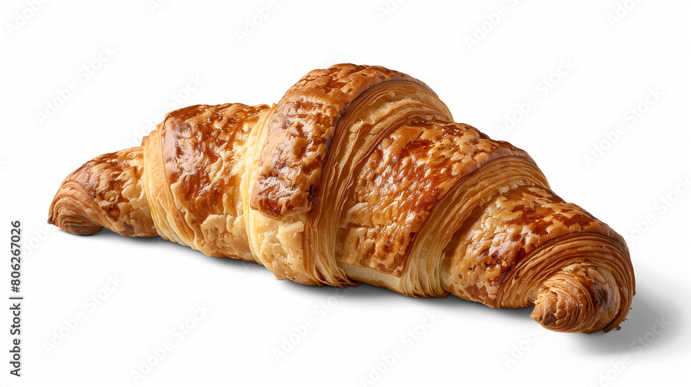 Fresh, high-quality single croissant with a plump and flaky texture, displayed on a white background Fresh, high-quality single croissant with a plump and flaky texture, displayed on a white background