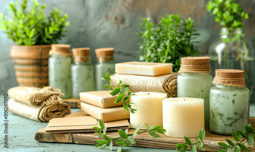 Herbal Spa and Wellness Products on Rustic Table.