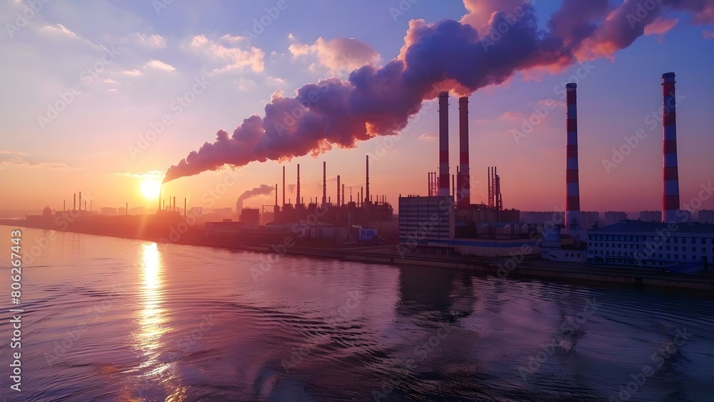The Environmental Impact of Factories Emitting Smoke: Highlighting Pollution and Climate Change Concerns. Concept Pollution, Climate Change, Factories, Smoke Emissions, Environmental Impact