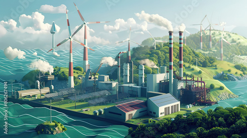 Illustrative concept of a hybrid energy facility combining wind turbines and fossil fuel power on an island, reflecting eco-friendly advancements.