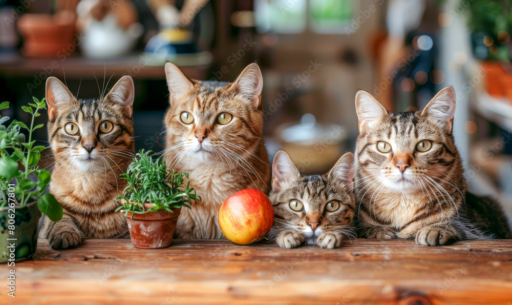 Four Adorable Cats Together on a Wooden Table.