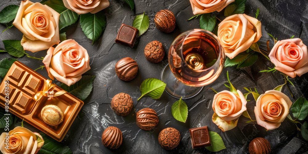 Elegant Chocolate Assortment with Roses and Red Wine. Elegant Chocolate Assortment with Roses and Red Wine.