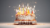 Dynamic image of a birthday cake engulfed in candle flames, set against a clean white background, providing a vivid and realistic depiction of celebratory fervor