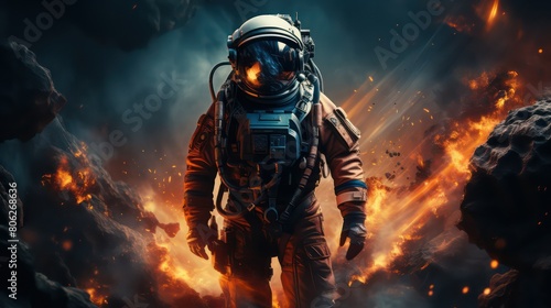 Astronaut in space suit and helmet against the background of burning planet.