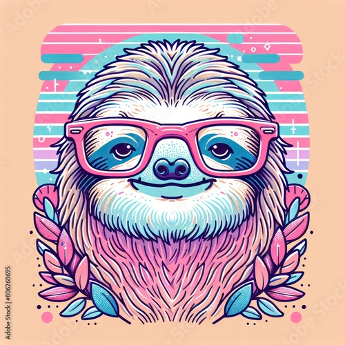 Slothful Synth: A Trendy, Playful Sloth in Pastel Post-Impressionism, Sporting Glasses. Generative AI