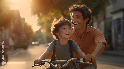 Heartfelt scene of a father teaching his son to ride a bike, their smiles lighting up the neighborhood street, immortalized in lifelike HD clarity