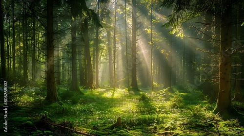 A peaceful forest clearing bathed in soft sunlight filtering through the trees.