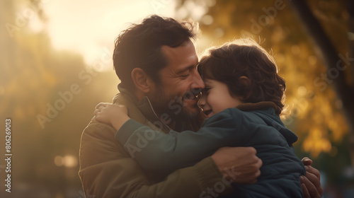 Heartwarming scene of a father and son sharing a tender embrace in a sunlit park, captured with the warmth and clarity of an HD camera