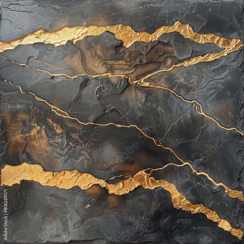 A large slate slab with golden accents painted on it, decorative