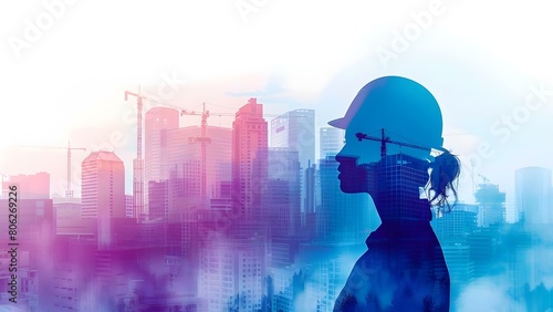Visualization of redevelopment through double exposure of engineer with plan at city construction site. Concept Double Exposure, Engineer, City Construction, Redevelopment, Urban Planning photo