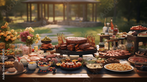 Inviting BBQ spread featuring a variety of grilled delicacies, beckoning guests to indulge in a flavorful outdoor feast, portrayed with lifelike detail