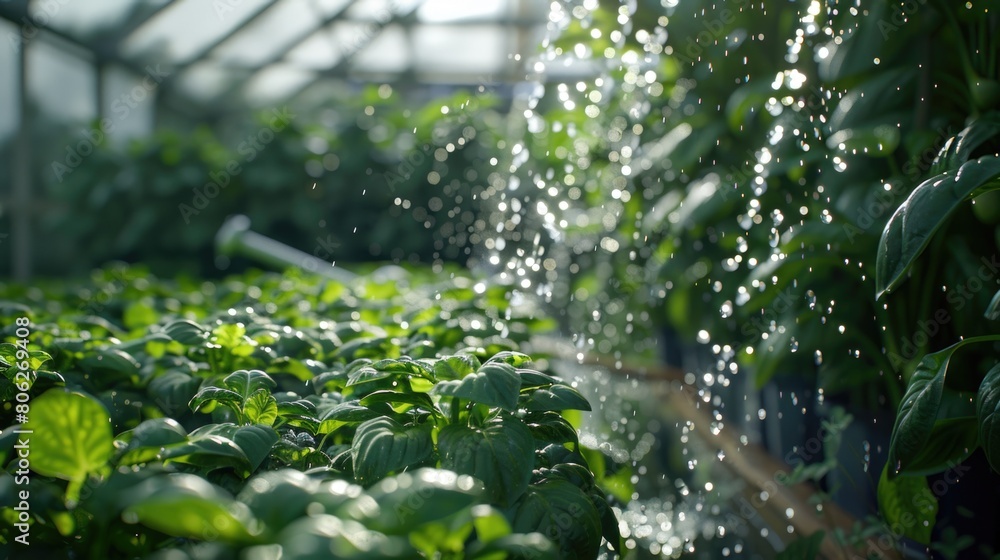 Sunlit Water Droplets Nourishing Greenhouse Basil Plants Sunlit Water Droplets Nourishing Greenhouse Basil Plants