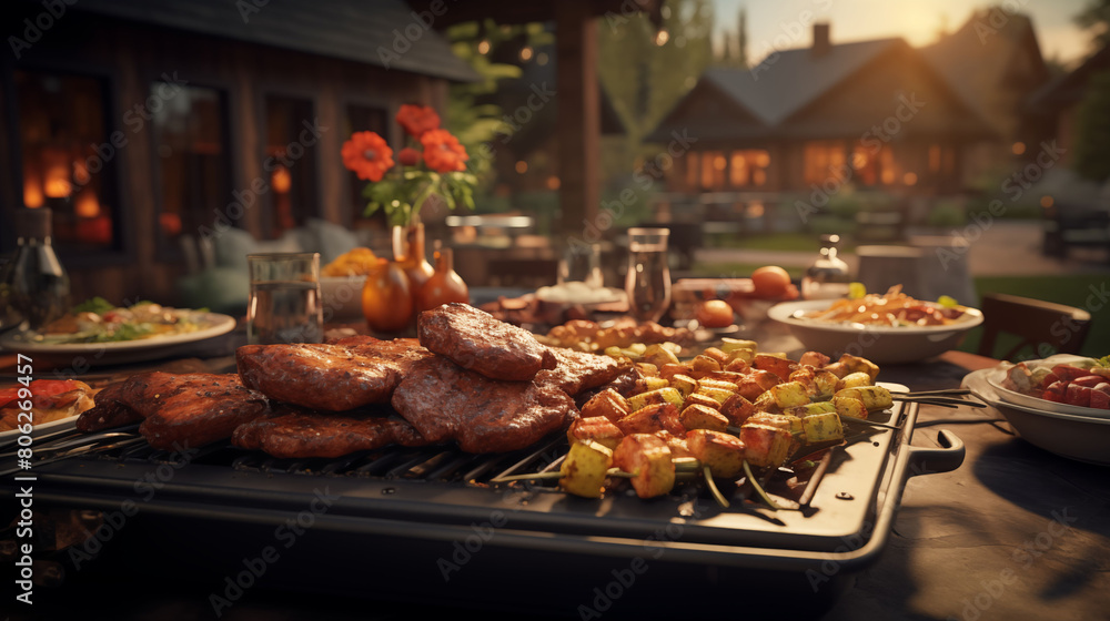 Lively BBQ atmosphere filled with laughter and camaraderie as guests gather around the grill to enjoy a mouthwatering spread of grilled delights, depicted in vivid HD realism
