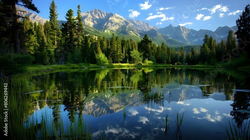 A peaceful lake reflecting the surrounding trees and mountains  a stunning nature scene for wallpaper.