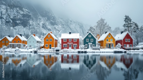 Traditional colorful Swedish houses on a fjord in winter