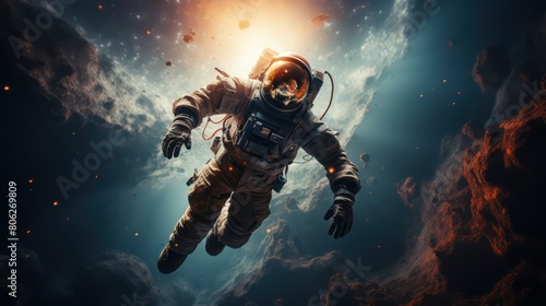 Astronaut in spacesuit against the background of the planet shine photo