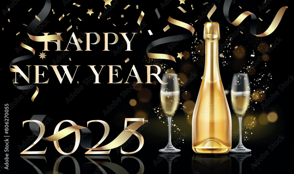 card or banner to wish a happy new year 2025 in gold with a bottle and two champagne flutes on a