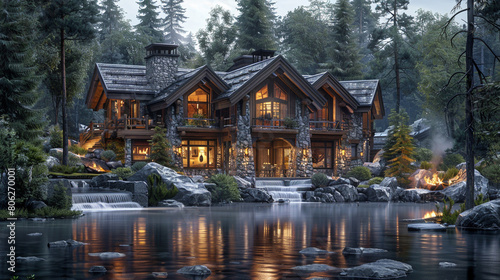 A mountain craftsman lodge with a rugged stone exterior  wooden beams  and a cozy outdoor fireplace.