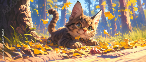 A fluffy Scottish wildcat kitten playing with leaves in a woodland., cute animal illustration