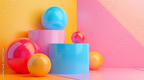 Colorful Abstract Setup With Geometric Shapes and Glossy Spheres
