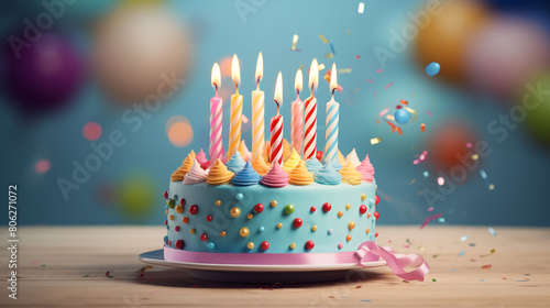 Whimsical birthday cake with colorful candles  set against a soft pastel blue background  offering a delightful and festive touch to celebratory gatherings  portrayed in lifelike HD clarity