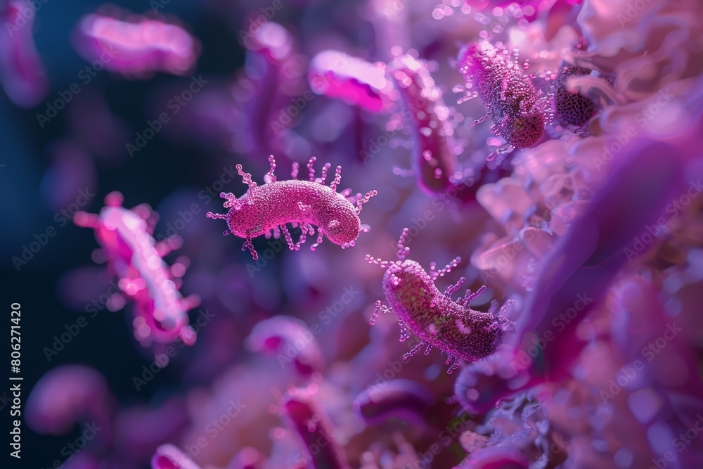 Close-up of textured bacillus bacteria with detailed flagella, against a dark background, illustrating scientific concepts of microbiology and bacteriology