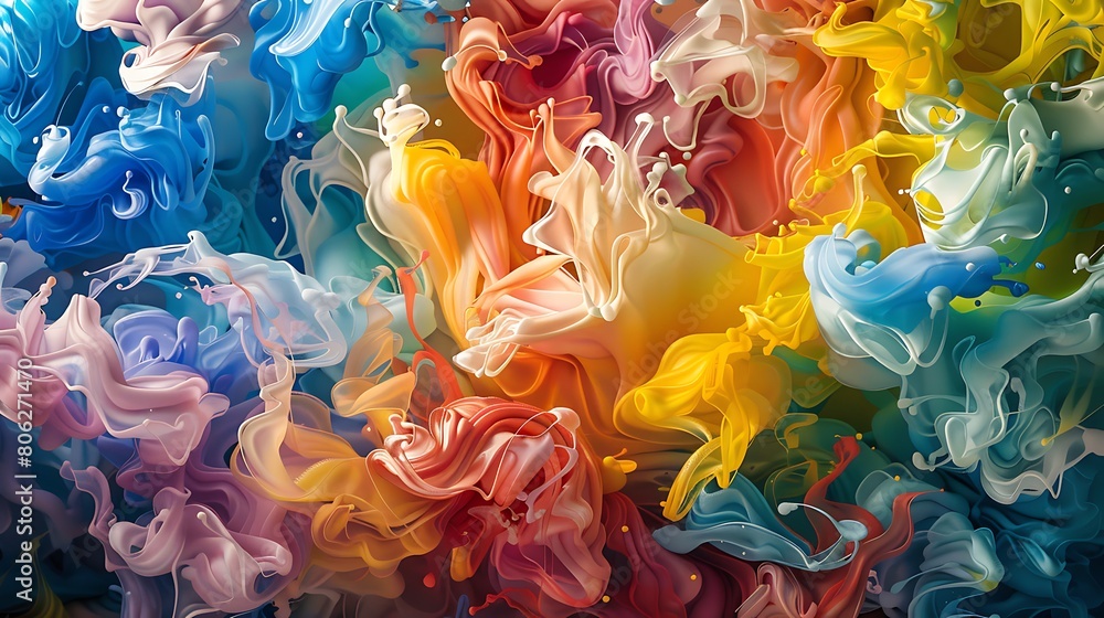A riot of colors swirl together in a chaotic and vibrant display, creating a sense of movement and energy.