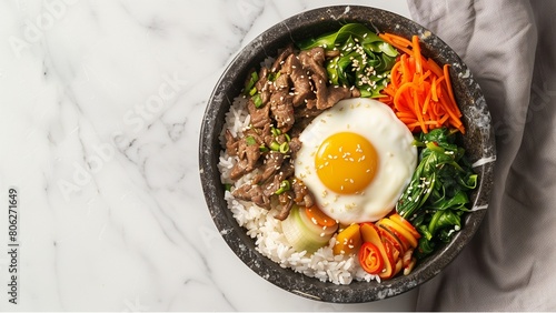 Bibimbap, traditional Korean dish, rice with vegetables and beef. Top view, overhead, flat lay top down view