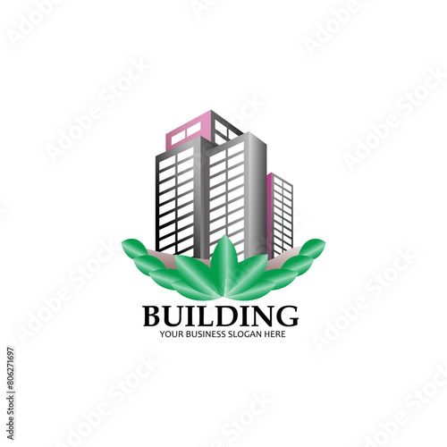 A building vector logo suitable for apartment logo, flat logo, hotel logo or bank building tower logo. With a warm and natural colour combination due to the green leaves images
