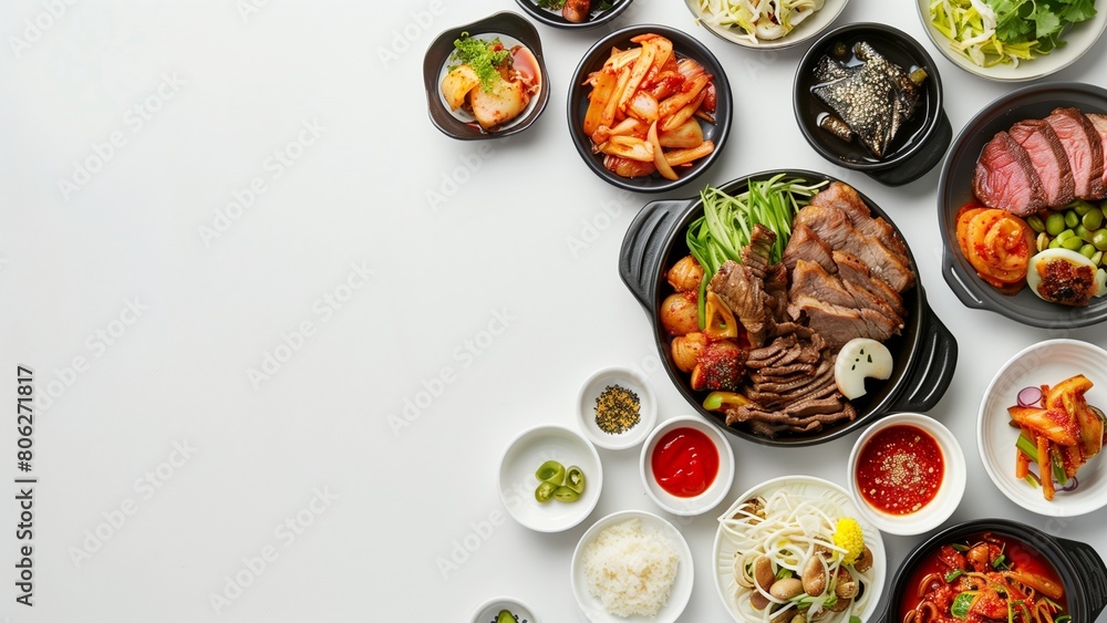 Assortment of Korean traditional dishes on white table background. Asian food. Top view