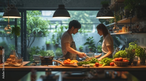 Couple Cooking Together in a Modern Kitchen at Home