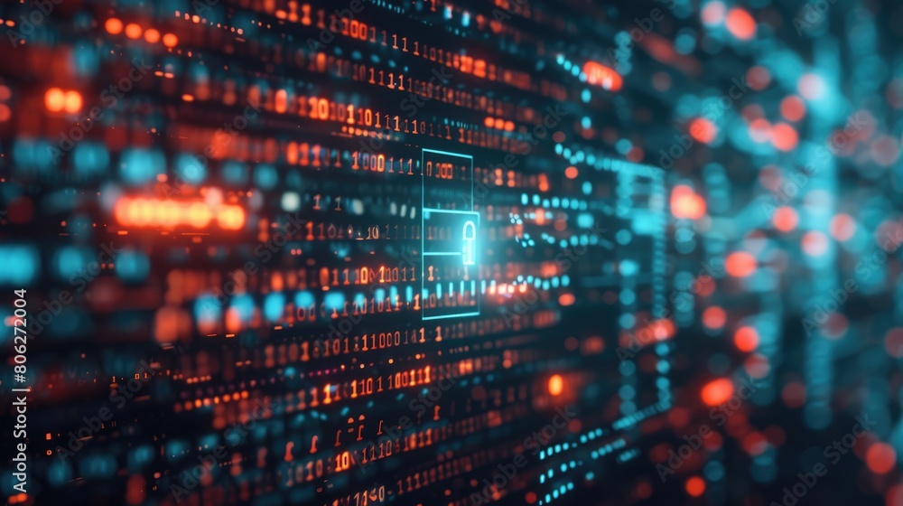 Close-up digital encryption lock interface on a screen against binary code backdrop. Cybersecurity expert Close-up digital encryption lock interface on a screen against binary code backdrop. Cybersecurity expert