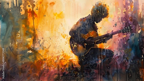 A guitarist plays his instrument in front of a colorful abstract background. photo