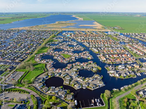 Aerial from houses and boats in the city Lemmer in Friesland the Netherlands