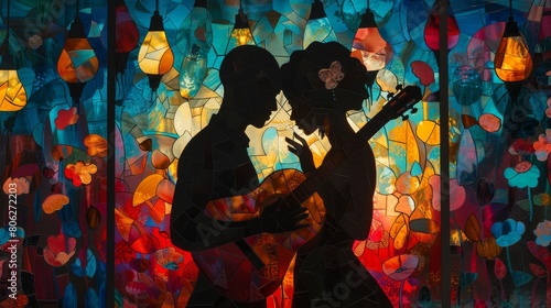 A man and woman are playing the guitar and singing. The background is colorful and looks like a stained glass window. photo