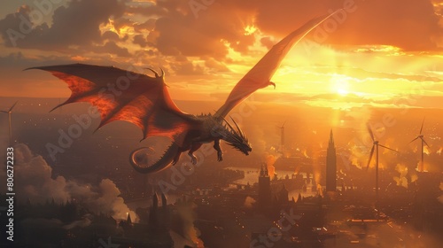 A dragon is flying over a city. The dragon is breathing fire. The city is on fire.