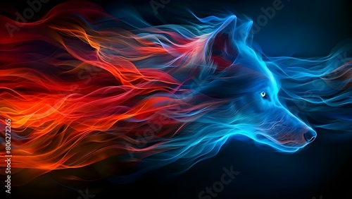 Generative Art: Vibrant Wolfdog Face in the Wind with Flying Fur. Concept Digital Art, Animal Illustration, Vibrant Colors, Dynamic Composition, Wolfdog Portrait