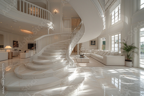 A luxurious white living room with a sweeping marble staircase as its centerpiece, exuding opulence and grandeur photo