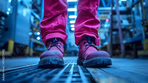 Worker in safety shoes standing in factory prepared for their shift. Concept Factory Worker, Safety Shoes, Industrial Setting, Shift Preparation, Work Ready